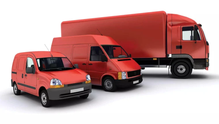 Three red commercial vehicles— a small van, a medium-sized van, and a large box truck—are parked in a row on a white background.