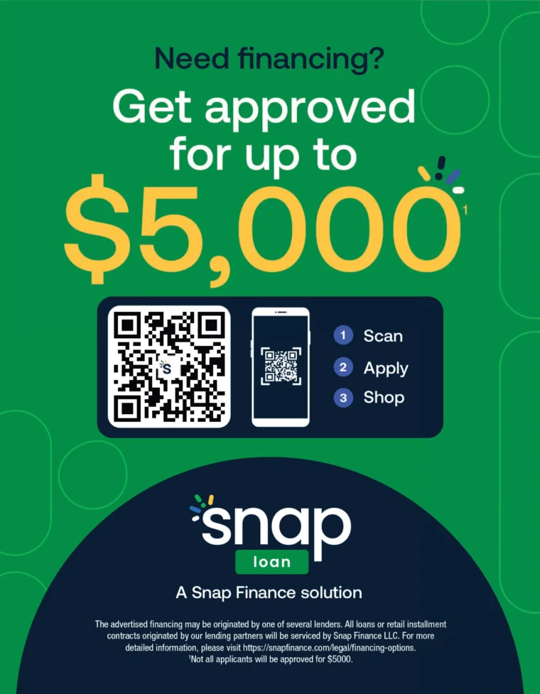 Promotional flyer advertising Snap Finance loans up to $5,000, featuring a QR code and steps: Scan, Apply, Shop. Includes disclaimer and Snap Finance logo.