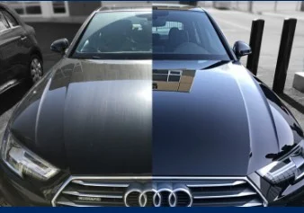A split-screen view of an Audi car hood, with the left side appearing dull and scratched, and the right side looking clean and polished.