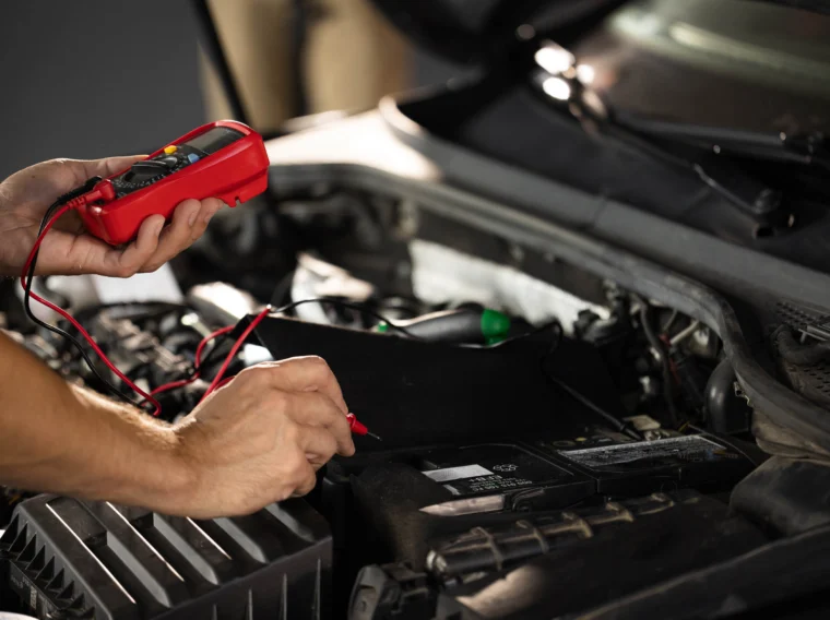 Man using multimeter to measure the voltage of a car battery.